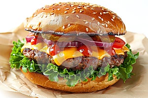 Classic cheeseburger with beef patty, pickles, cheese, tomato, onion, lettuce and ketchup