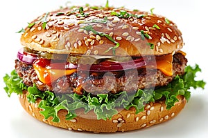 Classic cheeseburger with beef patty, pickles, cheese, tomato, onion, lettuce and ketchup