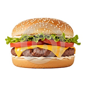 Classic cheeseburger with lettuce, tomato, and hamburger patty on sesame bun