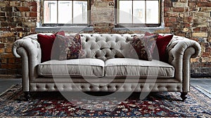 Classic Chesterfield sofa with tufted back and decorative pillows