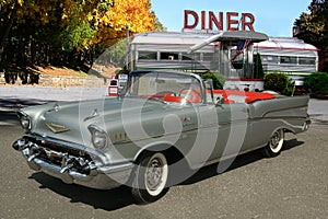 1957 Chevrolet Bel Air convertible in front of diner