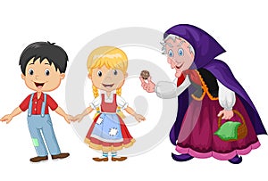 Classic children story Hansel and Gretel with a witch isolated on white background