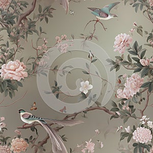 classic chinoiserie peonies with bird