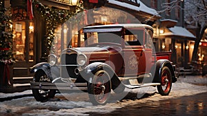 Classic Christmas Car Parked Outside The Festively Christmas Decorated Shops. Generative AI