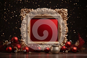 Classic Christmas decor with golden frame and red velvet fabric. Generative AI