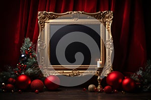 Classic Christmas decor with golden frame and red velvet fabric. Generative AI
