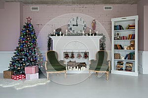 Classic Christmas interior living room with Christmas tree and fireplace