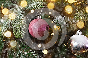 Classic Christmas New Year decorated New year tree with pink and white ornament decorations toy and ball, snow and