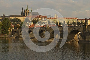 Classic cityscape view of medieval Prague. Panorama of ancient Prague Castle and Saint Vitus Cathedral