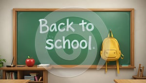 Classic classroom scene with chalkboard reading Back to school, backpack on hook, desk supplies, inviting learning
