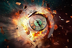 classic clock explode in space, time concept illustration