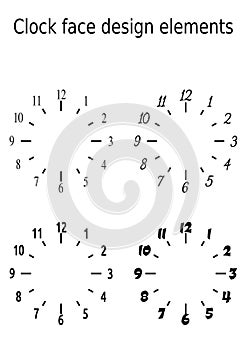 Classic clock face design elements, set of four clock faces in monochrome black and white design