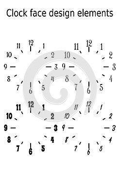 Classic clock face design elements, set of four clock faces in monochrome black and white design