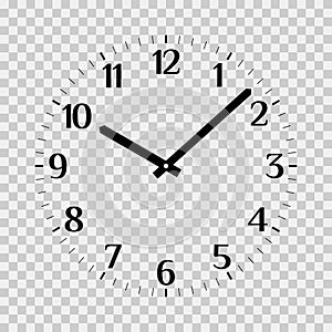 Classic clock face vector mockup. Hour and minute hands with arabic numerals. Office clock icon design template closeup