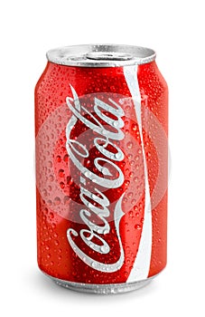 Classic Coca Cola can in water drops