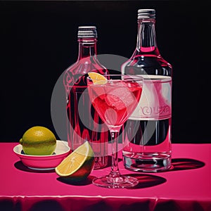 Classic Cocktail Bottle Drawing On Magenta Background