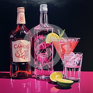 Classic Cocktail Bottle: A Vibrant Tempera Drawing