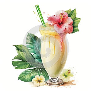 Classic Cocktail Pina Colada Watercolor Clipart, Isolated on White Background - Generative AI