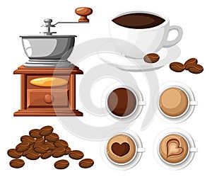 Classic coffee grinder with a bunch of coffee beans manual coffee mill and a cup of coffee cup vector illustration isolated on whi