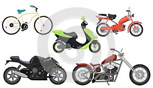 Classic color flat realistic motorcycle moped, speed motorbike, travel motorcycle, power moto bikes collection set.
