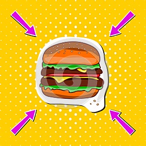 Classic colored hamburger on a yellow pop background whith arrows.