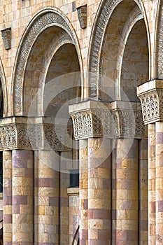Classic column and arch, ornament is carved in stone. Armenia