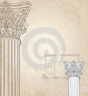 Classic columns background. Roman corinthian column.