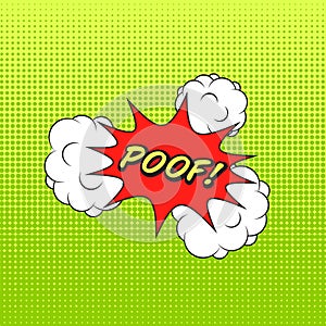 Classic comics book speech sticker POOF! with cloud bubbles and