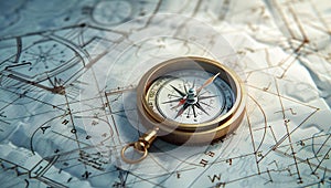 Classic compass on an ancient map, signifies adventure and navigation. elegant exploration instrument. ideal for travel