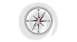 A classic compass with a white face red needle and cardinal directions NSEW on a white background