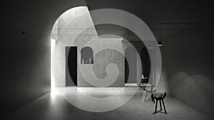 Classic concrete interior space with sun light that cast shadow on the wall and floor, lobby, hall, living, lounge room, geometric