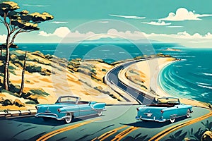 A classic convertible car from the 1950s cruising along a winding coastal road, with the azure sea stretching to the horizon