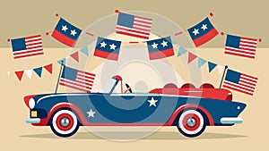 The classic convertibles adorned with waving American flags and bunting bring a touch of oldfashioned charm to the