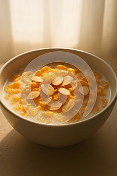 Classic Corn Flakes Cereal with Milk and Sliced Almonds in Morning Light AI-GENERATED