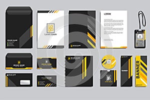 Classic corporate identity template design with yellow and black shapeselegant professional business stationery items set