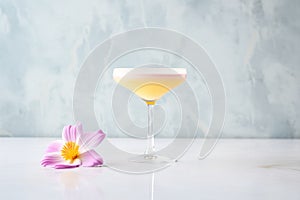 classic cosmo with a flower petal garnish, soft texture, pastel color palette