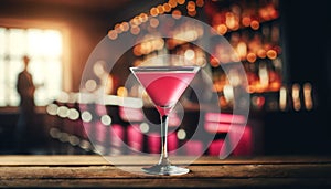 Classic Cosmopolitan in a martini glass, vibrant pink color, focus on the drink, bar blurred in the background.. AI