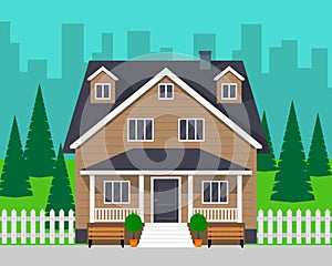 Classic cottage house with trees and road. Private house and city on background. Vector illustration, flat style.