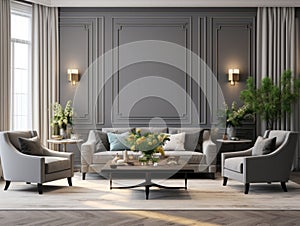 Classic cozy room with gray sofa and armchairs. Interior design of modern living room