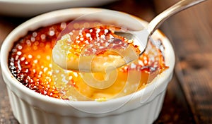 A classic Creme brulee, served in a ramekin, with a spoon breaking through the caramelized surface of the dessert.