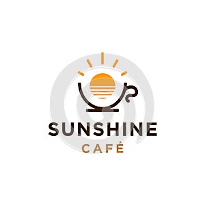 Classic cup line coffee logo with sunrise, sunset and sea water in modern outline style vector icon template , for cafe resto photo