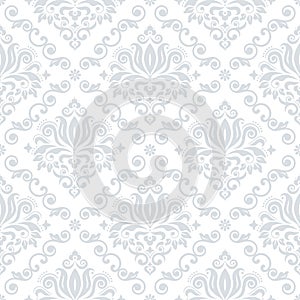 Classic Damask wallpaper or fabric print pattern, retro textile vector design, royal elegant decor is silver gray on white backgro