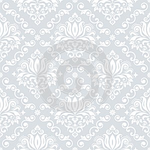 Classic Damask wallpaper or fabric print pattern, retro textile vector design, royal elegant decor is silver gray on white backgro