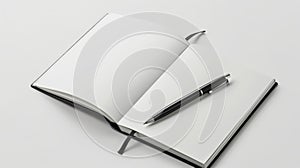 Classic dark notebook with fabric bookmark, black pen, isolated on white, ideal for note-taking and journaling photo