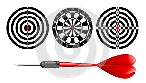 Classic dart board target set and darts red arrow isolated on white background. Vector Illustration. Black and white dartboard photo