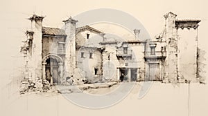 Classic Deconstructivist Architecture Sketch From 1800s Wine Country Italy photo