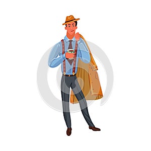Classic detective in brown hat standing with a cup of coffee. Vector colorful illustration in cartoon style.