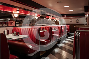 classic diner with red vinyl booths and chrome accents