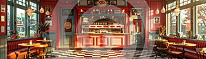 Classic diner with a soda fountain and checkerboard floor3D render