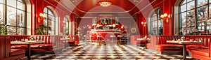 Classic diner with a soda fountain and checkerboard floor3D render